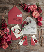 Zaproszenia ślubne Natura rustykalne zaproszenia ślubne bordowe boho kwiaty jesienne dalie  zaproszenie na ślub przeźroczysta koperta z kalki0