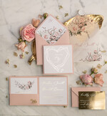 Zaproszenia ślubne Złote Glamour różowo złote zaproszenia ślubne geometryczne złote serce boho kwiaty, złocone zaproszenie na ślub przeźroczysta koperta z kalki2