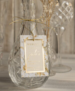 Zawieszki na butelki glamour etykiety na wódkę weselną z kwiatami, złote eleganckie winietki z dowolną treścią, złote zawieszki ślubne, eleganckie zawieszki na butelkę 3