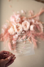 Zestawy Próbkowe próbki zaproszeń zaproszenia próbne zaproszenia na ślub na akrylu, nowoczesne zaproszenie ślubne plexa, przezroczyste zaproszenie na ślub na pleksie, pudrowy róz 1