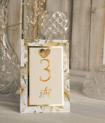 Numery na stół Glamour elegancki numerek na stół weselny, złoty ecru numer na stół weselny, dekoracja na stoły weselne, numery na stoły weselne ze złotym sercem1