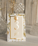 Numery na stół Glamour elegancki numerek na stół weselny, złoty ecru numer na stół weselny, dekoracja na stoły weselne, numery na stoły weselne ze złotym sercem2