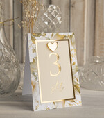 Numery na stół Glamour elegancki numerek na stół weselny, złoty ecru numer na stół weselny, dekoracja na stoły weselne, numery na stoły weselne ze złotym sercem3