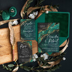 Zaproszenia ślubne Minimalistyczne ciemnozielone zaproszenia ślubne marmur , zaproszenie na ślub z welurem, marmurkowe zaproszenia slubne zielone 1