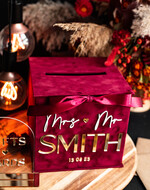 Pudełko na koperty  glamour ślubne pudełko na kopertywelurowa bordowa kopertówka ze złotymi napisami, bordowy cieniowany welur, welurowe pudełko na koperty, pomysł na pudełko na pieniądze podczas wesela7