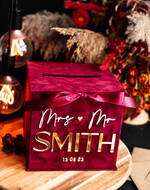 Pudełko na koperty  glamour ślubne pudełko na kopertywelurowa bordowa kopertówka ze złotymi napisami, bordowy cieniowany welur, welurowe pudełko na koperty, pomysł na pudełko na pieniądze podczas wesela13