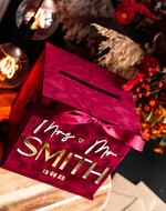 Pudełko na koperty  glamour ślubne pudełko na kopertywelurowa bordowa kopertówka ze złotymi napisami, bordowy cieniowany welur, welurowe pudełko na koperty, pomysł na pudełko na pieniądze podczas wesela11