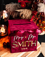 Pudełko na koperty  glamour ślubne pudełko na kopertywelurowa bordowa kopertówka ze złotymi napisami, bordowy cieniowany welur, welurowe pudełko na koperty, pomysł na pudełko na pieniądze podczas wesela10