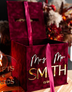 Pudełko na koperty  glamour ślubne pudełko na kopertywelurowa bordowa kopertówka ze złotymi napisami, bordowy cieniowany welur, welurowe pudełko na koperty, pomysł na pudełko na pieniądze podczas wesela5