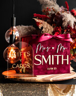 Pudełko na koperty  glamour ślubne pudełko na kopertywelurowa bordowa kopertówka ze złotymi napisami, bordowy cieniowany welur, welurowe pudełko na koperty, pomysł na pudełko na pieniądze podczas wesela1