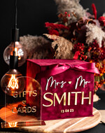 Pudełko na koperty  glamour ślubne pudełko na kopertywelurowa bordowa kopertówka ze złotymi napisami, bordowy cieniowany welur, welurowe pudełko na koperty, pomysł na pudełko na pieniądze podczas wesela6