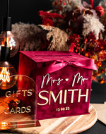 Pudełko na koperty  glamour ślubne pudełko na kopertywelurowa bordowa kopertówka ze złotymi napisami, bordowy cieniowany welur, welurowe pudełko na koperty, pomysł na pudełko na pieniądze podczas wesela0