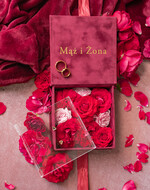 Pudełka Szkatułki na Obrączki glamour bordowe pudełeczko na obrączki ślubne wasze imiona, welurowe pudełko z kokardką, złote imiona6