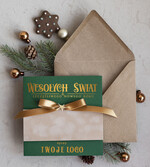 Kartki świąteczne z logo firmy Kokardki  Złocone kartki na święta z logo firmy, świąteczna kartka biznesowa z kokardką i welurem, nowoczesna firmowa kartka bożonarodzeniowa0