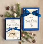 Kartki świąteczne z logo firmy kartka pudełko Biznesowe kartki świąteczne z logo w pudełku z bombką na choinkę- drewniane zawieszki na choinkę prezent dla klientów0