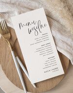 Menu Nowoczesne prosta forma  proste menu weselne w kolorze ecru, karta dań weselnych, menu weselne, plan podawania posiłków, menu dopasowane do zaproszeń0