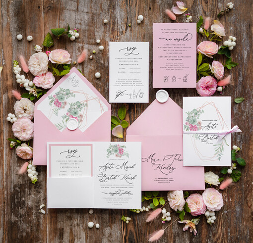  Natura nowoczesne kwiatowe zaproszenia ślubne z elementami różu