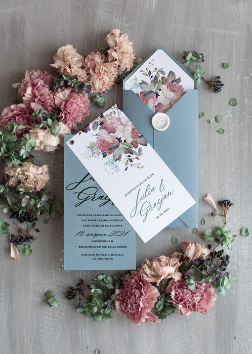  Natura kwiatowe oryginalne zaproszenia na ślub idealne na letni ślub w niebieskich odcieniach 