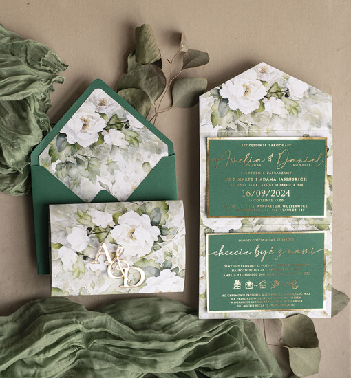  Złote Glamour Poziome złote zaproszenia ślubne z lustrzanym monogramem, Kopertowe biało zielone zaproszenie na ślub złocone, zaproszenia na slub cywilny peonie 