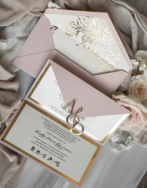  Złote Glamour Eleganckie złote zaproszenia ślubne z lustrzanym monogramem, Kopertowe zaproszenie na ślub złocone, zaproszenia na ślub w stylu glamour, złote napisy na zaproszeniach ślubnych 