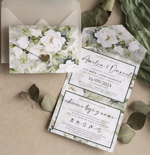  Złote Glamour Poziome zaproszenia ślubne z lustrzanym sercen, Kopertowe biało zielone zaproszenie na ślub wiosenny, zaproszenia na slub cywilny peonie 