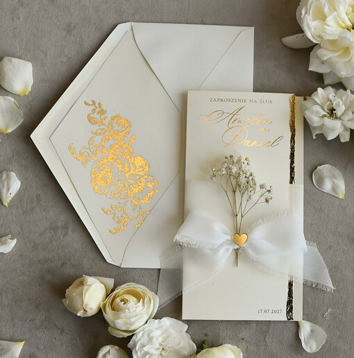  Złote Glamour Kremowe zaproszenia ślubne złocone z kalką, gipsówką i rwaną wstążką