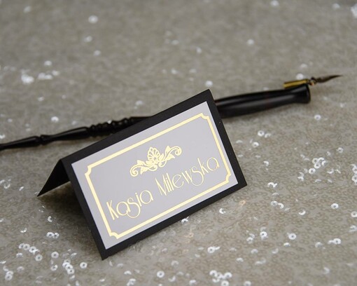 glamour ozdobne winietki na ślub wizytówki dla gości weselnych, złote lub srebrne napisy