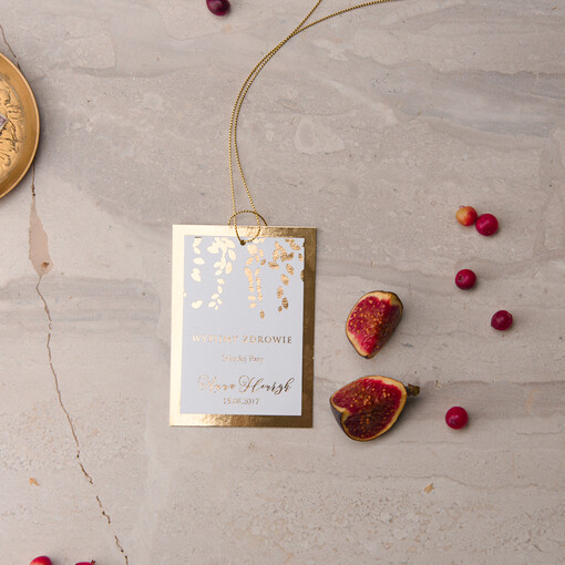  glamour zawieszki na alkohole weselne, złote z waszą treścią