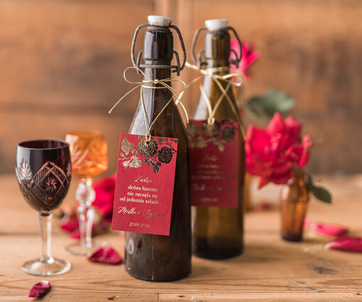  glamour zawieszka etykieta na alkohole weselne, złote z dowolnym tekstem