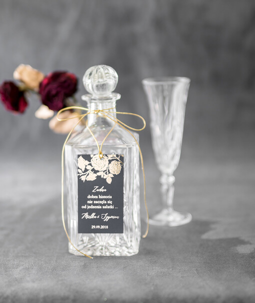  glamour zawieszki na alkohole weselne, złote z dowolną treścią
