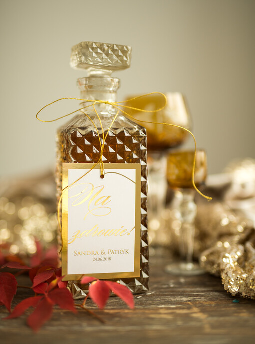  glamour zawieszki ślubne na butelki, złote śmieszne teksty