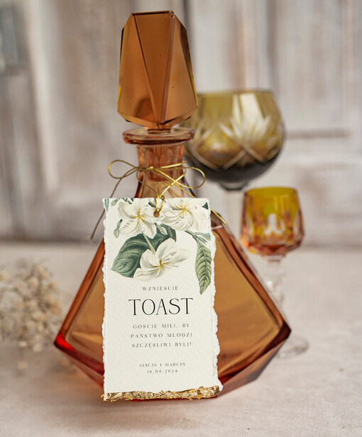  glamour darta zawieszka na wino weselne z platkami złota, złocona etykieta na wódkę zawieszka na alkohol weselny, zawieszka na alkohol ze złotem