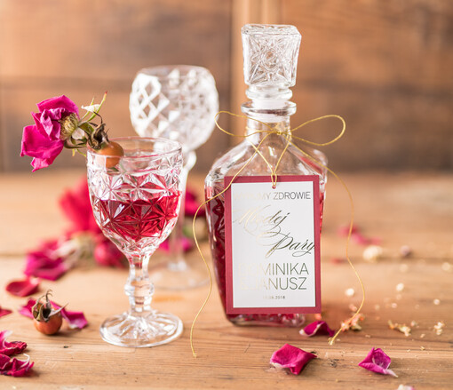 glamour zawieszki na alkohol weselny, złote z waszą treścią