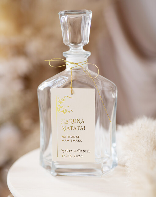  glamour złocona zawieszka na wino weselne, etykieta na wódkę zawieszka na alkohol weselny, złote napisy z dowolną treścią