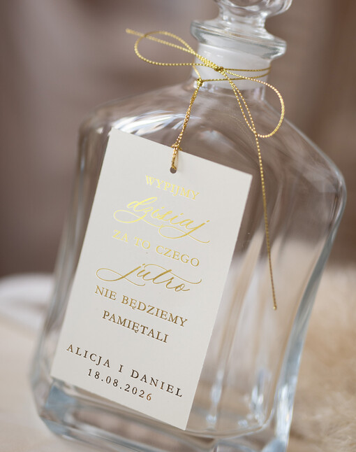  glamour zawieszki na alkohol weselny, złote z dowolnym tekstem, zawieszka na ślubny alkohol śmieszne wierszyki na zawieszkach ślubnych 