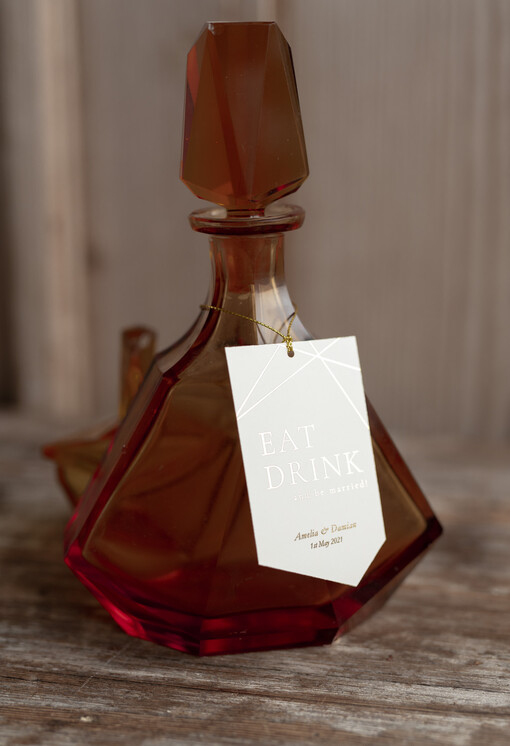  glamour zawieszka etykieta na alkohole weselne, złote z dowolną treścią