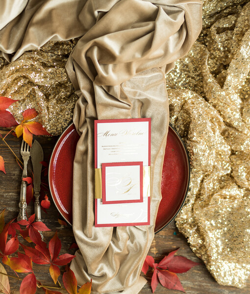  glamour menu weselne na stoły karta dań weselnych, złote i eleganckie na klasyczne wesele