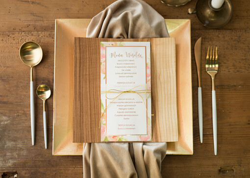  glamour ślubne menu z planem podawania dań wesenych, złote lub srebrne napisy wasza treść