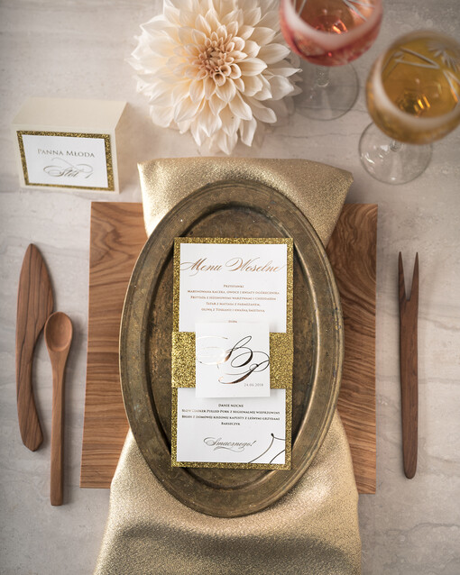  glamour menu weselne na stoły plan podawania posiłków, złote lub srebrne napisy wasza treść