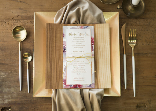  glamour ślubne menu z planem podawania dań wesenych, złote i eleganckie na klasyczne wesele