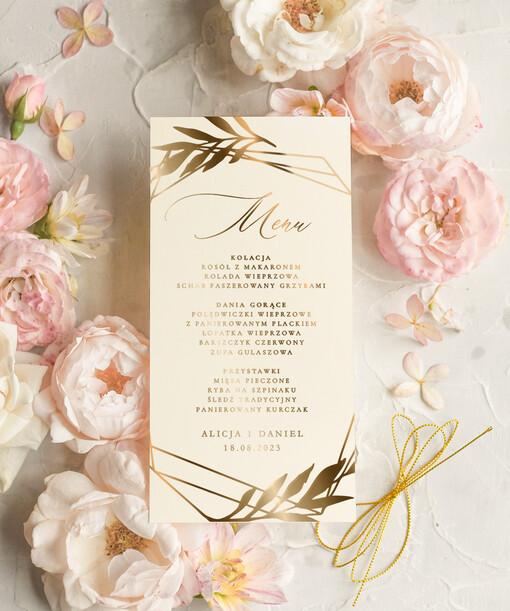  glamour menu weselne plan podawania posiłków na weselu, złote i eleganckie na klasyczne wesele