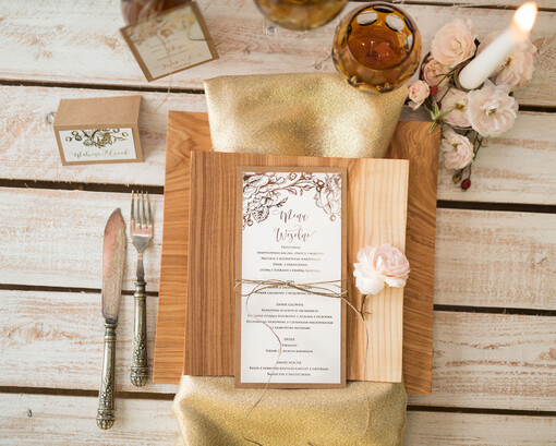  glamour menu weselne na stoły karta dań weselnych, złote i eleganckie na klasyczne wesele