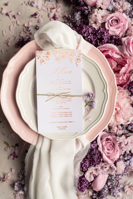  glamour menu ślubne z planem posiłków, zlocone napisy dowolna treść