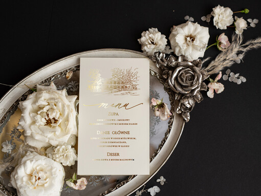  glamour menu ślubne z planem posiłków, złocone i eleganckie menu weselne, dekoracja stołu weselnego menu 