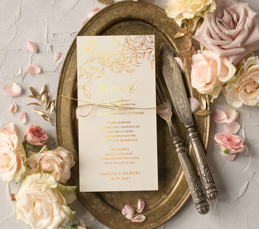  glamour menu weselne na stół karta dań weselnych, złocone i eleganckie dowolna treść