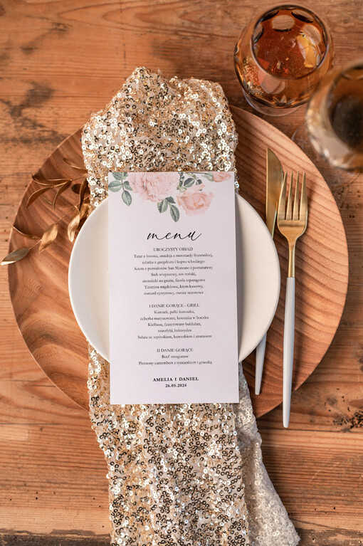  glamour menu weselne plan podawania posiłków na weselu, eleganckie zlocone litery wasza treść