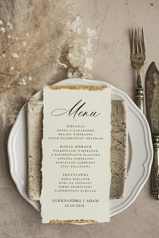  glamour weselne menu karta potraw weselnych, złote i eleganckie na klasyczne wesele, menu weselne z płatkami złota, karta dań weselnych z dartymi brzegami