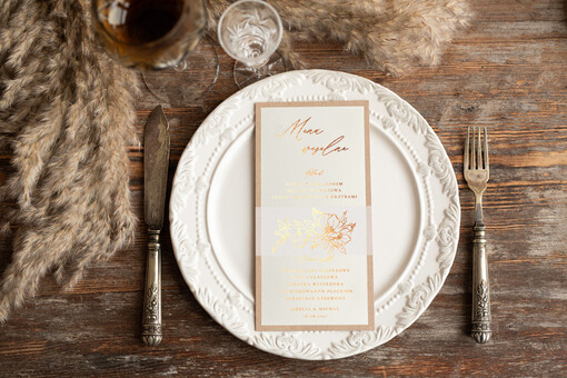  glamour menu weselne na stoły plan podawania posiłków, eleganckie zlocone litery wasza treść
