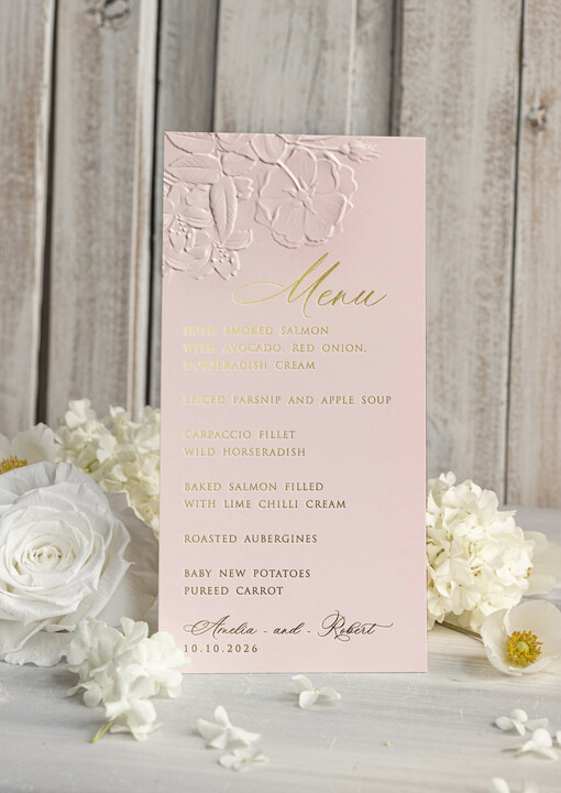  glamour weselne menu karta potraw weselnych, złote i eleganckie na klasyczne wesele, menu weselne z tłoczonymi kwiatami, karta dań weselnych 