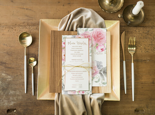  glamour menu weselne plan podawania posiłków na weselu, eleganckie zlocone litery wasza treść